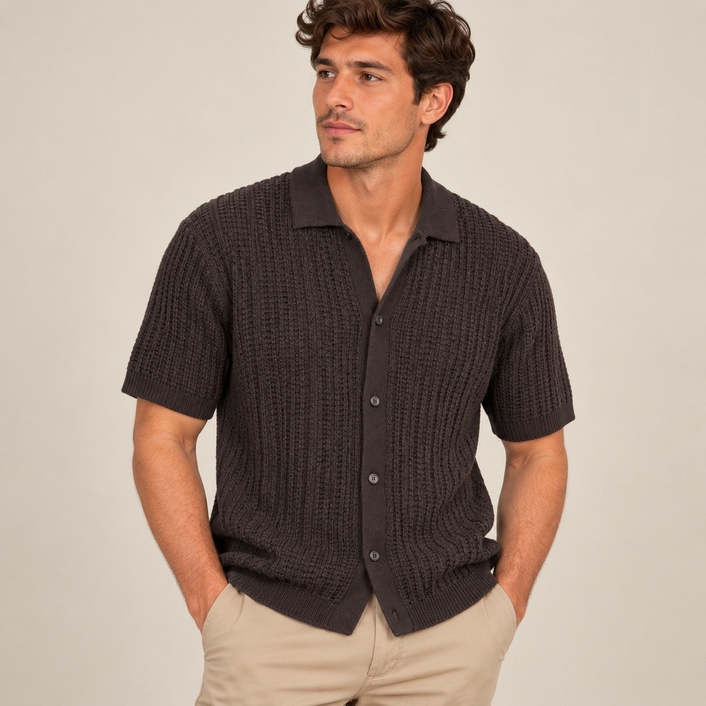 American Eagle Mens Small Waffle Knit Button Up Sweater Polo Shirt Charcoal Gray
